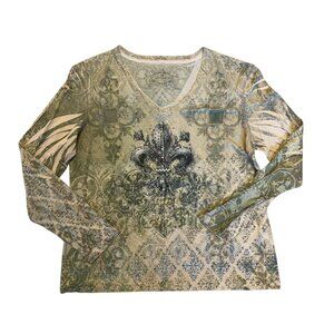 Y2K plus size Fleur De Lis Studded Long Sleeve V-neck Shirt watercolor burnout